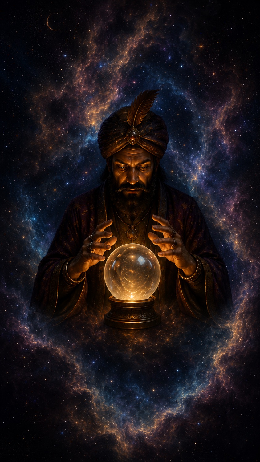 The Oracle behind a glowing crystal ball